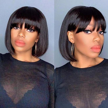 Ali Annabelle Bob Wig With Bangs 180% Density 4X4 Lace Straight Human Hair Wigs